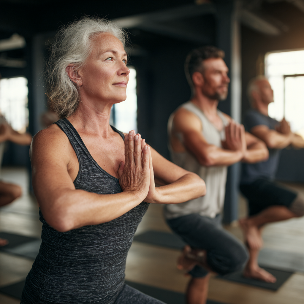 mature adults practicing yoga poses in peaceful studio environment