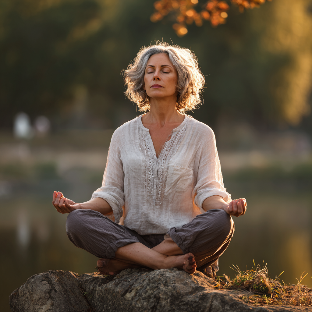 peaceful middle-aged woman practicing meditation in natural environment